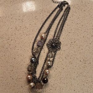 NECKLACE - silver chain w/flower and colorful beads silver/antiqued (3 chains)